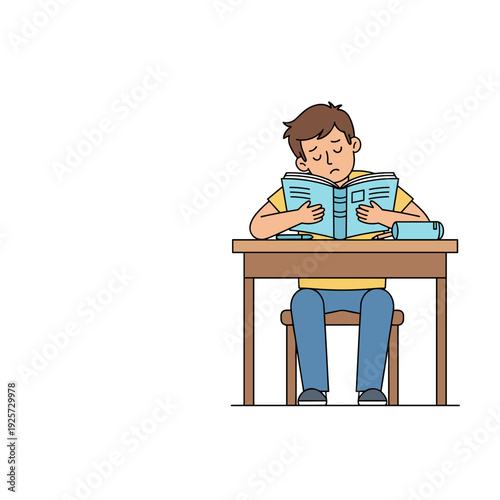 Tired student resting head on open textbook at desk. Concept of study fatigue and academic stress