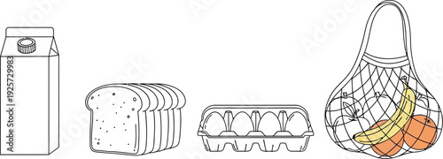 Simple line art illustration depicting essential grocery items including milk bread eggs and fresh fruit contained within a reusable string shopping bag for sustainable living concepts