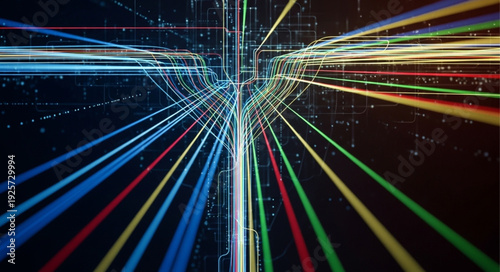 Abstract Digital Network Data Stream with Colorful Light Trails.