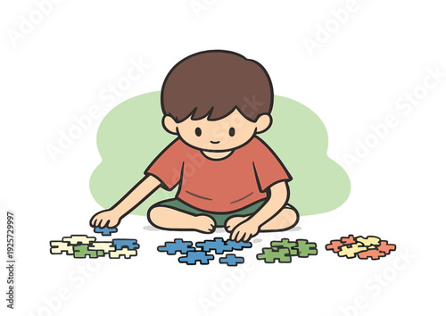 Quiet child sorts puzzle pieces on the floor, edge pieces grouped, colors matched, small hands moving with focus. | puzzle pieces