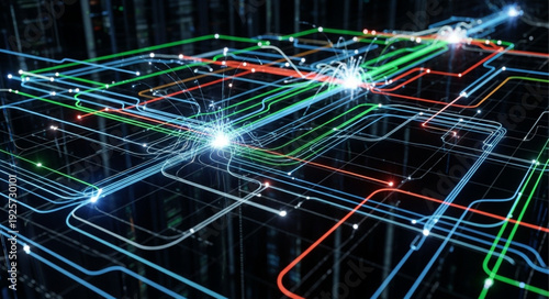 Abstract digital network connections with glowing lights and data flow.