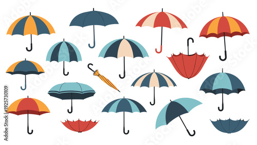 Diverse collection of colorful umbrellas and parasols shown in various states of open closed and upside down on white background.