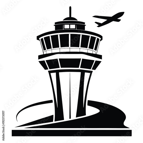 air traffic control tower silhouette line art vector illustration with a white background