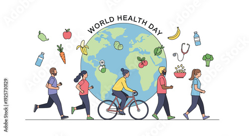 World Health Day icon set, includes healthy lifestyle, fitness, nutrition, wellness symbols, created in flat style with colorful palette