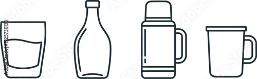 Minimalist line art icons depicting various common drinkware items including a short glass a bottle a travel thermos and a camping mug for graphic design use