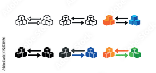 Commerce relationship symbol featuring mirrored arrows and simplified blocks to express supply meeting demand, duplicated six