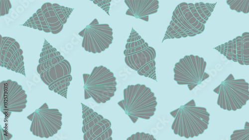 Seamless repeating pattern of various sea shells and scallops in gray and blue tones on a light turquoise ocean background.