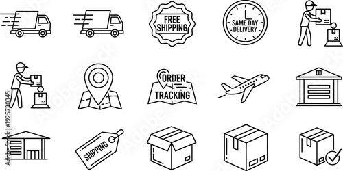 Collection of minimalist black line art icons representing various essential elements of modern package delivery logistics and global shipping services
