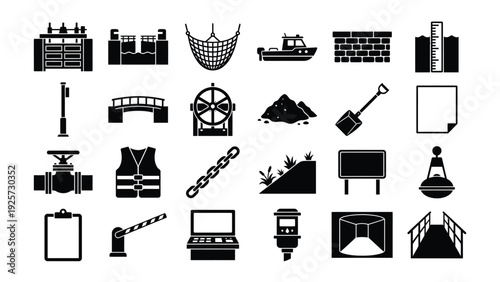 Industrial Icons Set Featuring Factory, Crane, and Machinery Symbols on White Background