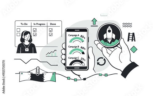 Innovative Execution Scenario. Modern minimal flat vector conceptual collage, crisp hard edges, consistent THIN outline stroke,