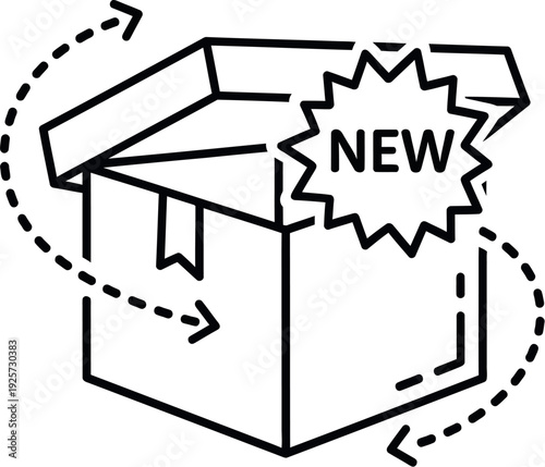 Black outline icon illustrating an open delivery shipping box with a bright starburst badge proclaiming the word new and dynamic directional arrows indicating movement or arrival.