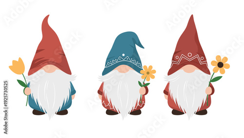 Trio of cute garden gnomes with long white beards and tall colorful hats holding yellow flowers on a white background.