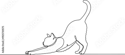 Minimalist continuous line art drawing depicts a sleek domestic cat stretching elegantly with its back arched high showing great flexibility and playful morning routine.