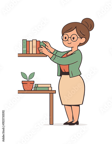 Warm librarian stands by a shelf organizing books, arms lifting volumes as spines align neatly and quiet order fills the space |