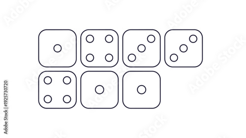 Set of seven white dice faces with black outlines showing various numbers from one to four on a plain white background.