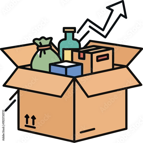 Open cardboard shipping box overflowing with various items like bottles and a money bag suggesting increased profit or successful logistics and delivery growth over time