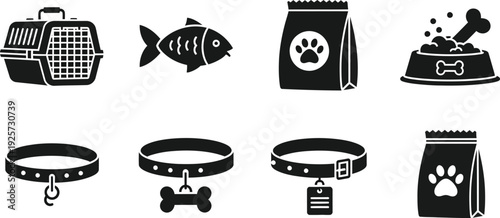 Collection of simple black and white vector icons representing various pet-related items including carriers, food, collars, and toys, ideal for animal care services and pet product branding