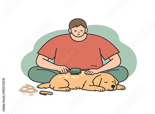 Calm Pet Grooming. Quiet person brushes a dog calmly on the floor, guiding strokes along fur as loose hairs gather and the pet