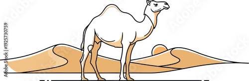 Stylized illustration of a lone dromedary camel standing proudly amidst rolling sand dunes under a setting desert sun in a minimal graphic design.