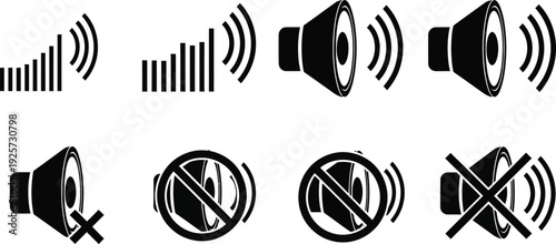 Collection of audio icons representing volume levels, mute functions, and sound emission from speakers, perfect for digital interfaces and user experience design