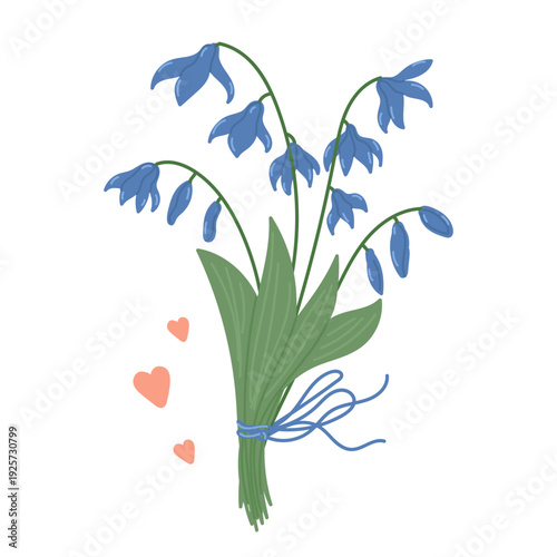 Cute bluebells bouquet in flat cartoon design. Gentle spring saffron flowers with stems and leaves. Lovely seasonal floral blue scilla from garden with hearts and ribbon.Vector illustration isolated.