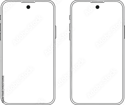 Outline drawing of a smartphone showing front view and side view with buttons and camera lens, representing modern technology and communication devices