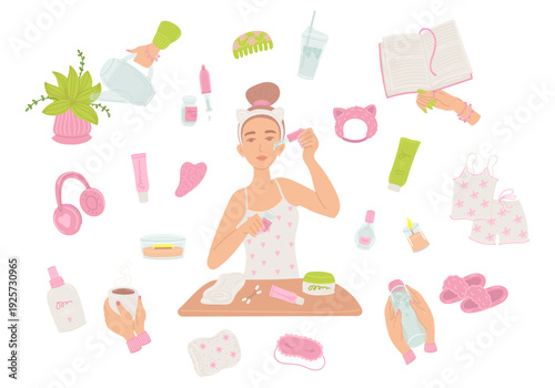 Woman beauty and self care set elements in flat cartoon design. Young girl doing cosmetic skincare routine, reading, watering plant, drink coffee and water, more. Vector illustration isolated.
