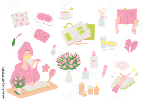 Woman beauty and self care set elements in flat cartoon design. Young girl drinks coffee, writing in journal, doing cosmetic skincare routine, reading, good sleep, more. Vector illustration isolated.
