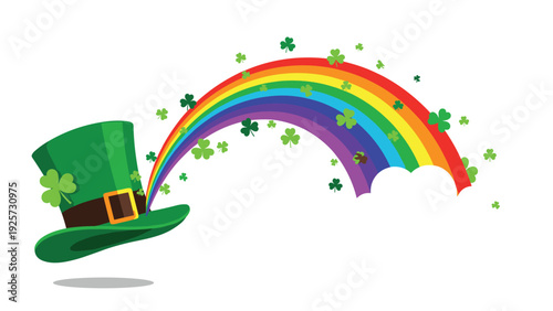 Festive St Patricks Day illustration featuring a green leprechaun hat with a colorful rainbow and floating green shamrocks.