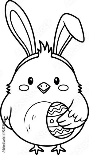 Cute cartoon chick wearing bunny ears and happily holding a decorated Easter egg ready for springtime celebration coloring pages