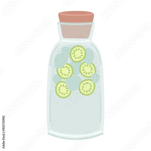 Water with ice and cucumber slices in glasses jar in flat cartoon design. Refreshing drink for hydration. Beverage for health detox. Cold homemade infusion tonic. Vector illustration isolated.