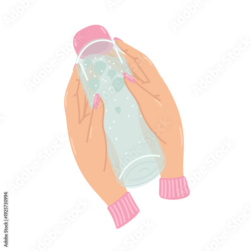 Woman hands holding water in plastic bottle in flat cartoon design. Refreshing drink for hydration in take away container. Beverage for health detox and summer thirst. Vector illustration isolated.
