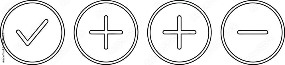 Fototapeta premium Collection of circular outlined icons representing a checkmark, a plus sign, another plus sign, and a minus sign, ideal for user interface elements or infographic design