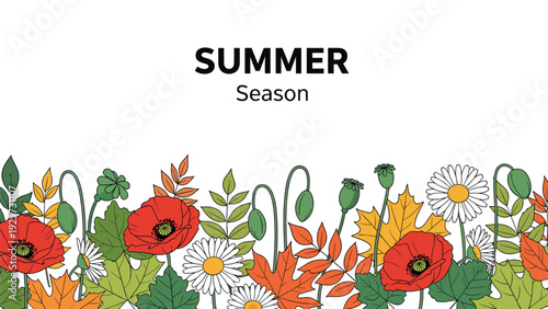 Summer season banner featuring a lush border of red poppies white daisies and green leaves at the bottom of white space.