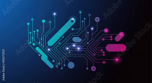 Abstract digital circuit board with glowing lights and connections.