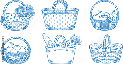 Six blue line art illustrations of wicker baskets filled with various items on white background for decoration and design