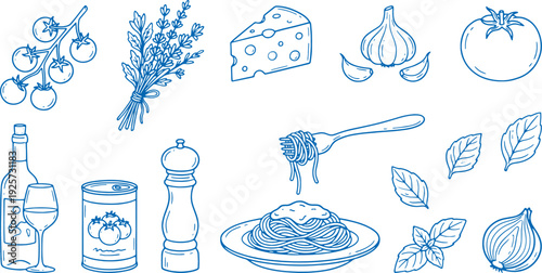 Collection of gourmet food and drink ingredients for italian cooking including pasta cheese wine herbs and spices on a white background perfect for culinary themes