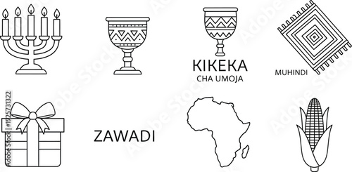 Collection of African cultural symbols, traditional artifacts, and thematic elements representing heritage and celebration of diverse African traditions and community