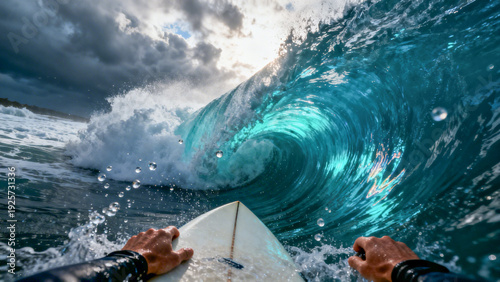 POV of a surfer riding inside a turquoise barrel wave under a dramatic sky