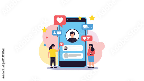 Modern social media communication illustration showing two women interacting with a large smartphone and floating icons.