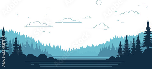 Serene minimalist vector illustration depicting layered blue mountain ranges with dense evergreen forests bordering a calm body of water under a partly cloudy sky.