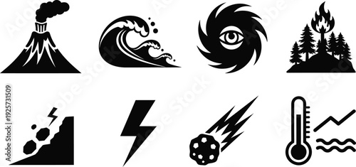 Collection of disaster and natural hazard icons representing geological, meteorological, astronomical, and environmental threats to life and property on Earth