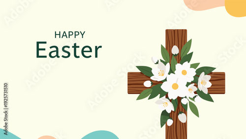 Peaceful happy easter greeting design featuring a wooden cross decorated with white flowers and green leaves on a soft background.