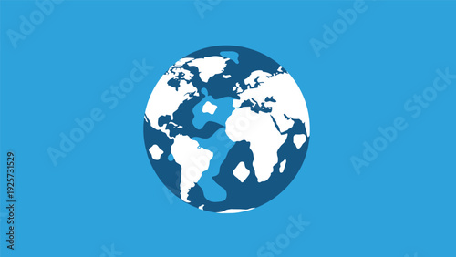 Simple blue and white globe icon representing planet earth centered on a solid bright blue background for international concepts.