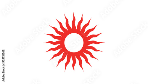 Bold red sun icon with wavy radiating rays symbolizing heat and solar energy isolated on a clean white background for summer themes.