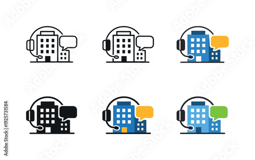 Guest services icon showing a hotel building with headset and speech bubble, representing hotel customer support, concierge
