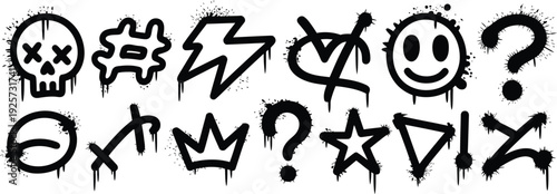 black graffiti spray paint drip icons and urban street art symbols collection