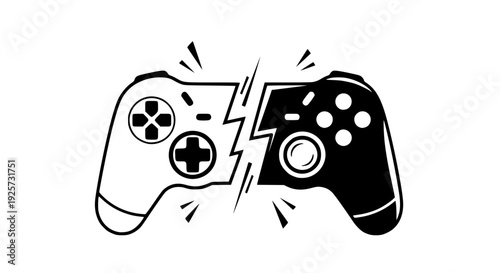 Split gaming controller vector illustration, dynamic composition, bold flat colors, competitive gaming concept, clean geometric shapes, isolated background, esports tournament theme