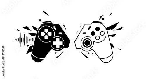 Split gaming controller vector illustration, dynamic composition, bold flat colors, competitive gaming concept, clean geometric shapes, isolated background, esports tournament theme