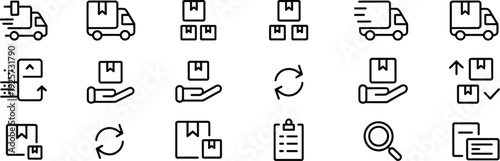 logistic and delivery line icon set with shipping and warehouse symbols